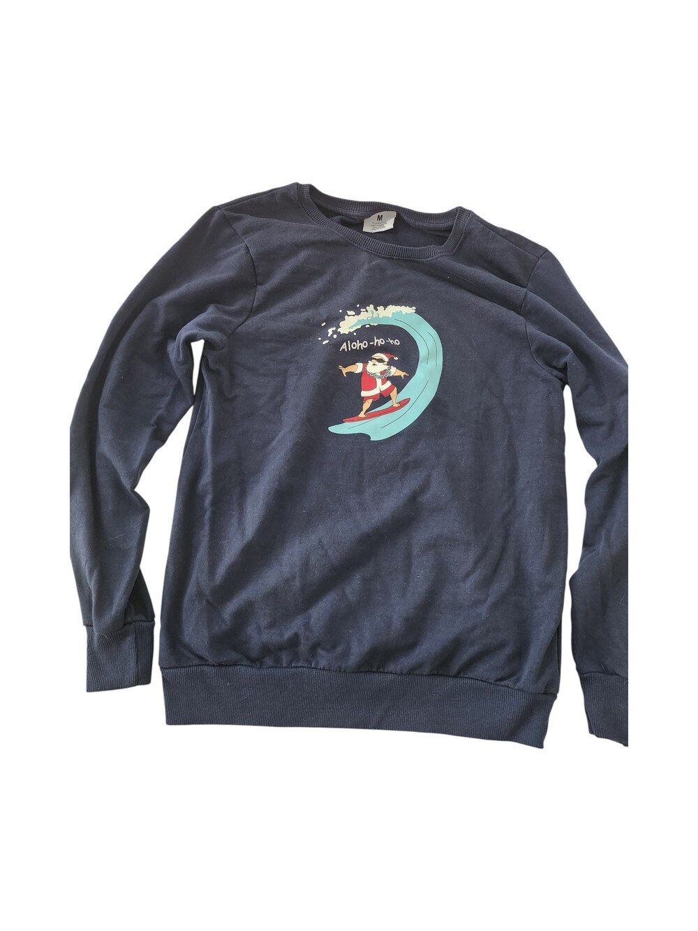 Surfing Santa Navy Blue Cotton Polyester Long Sleeve Sweatshirt Aloha-ho-ho (med